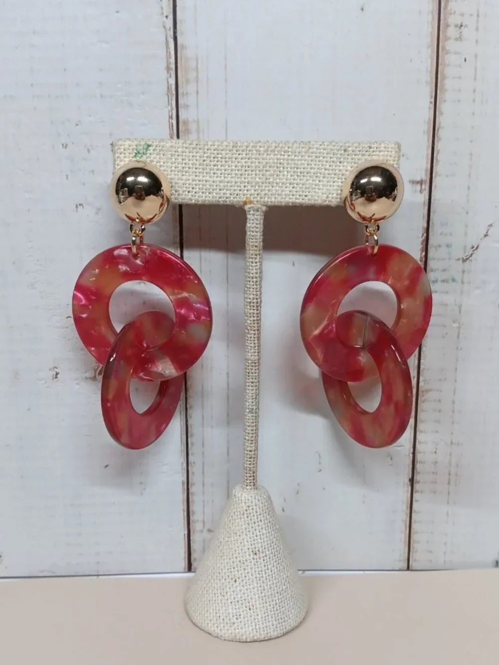 Pierced Earrings Marbled Interlocked Disks Dangle Drop Groovy Boho